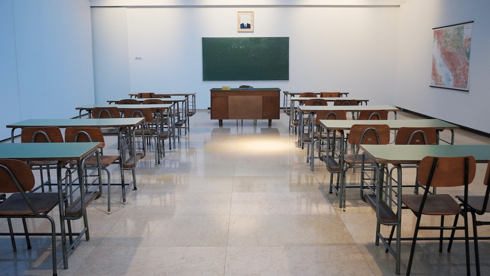 A classroom with a chalkboard