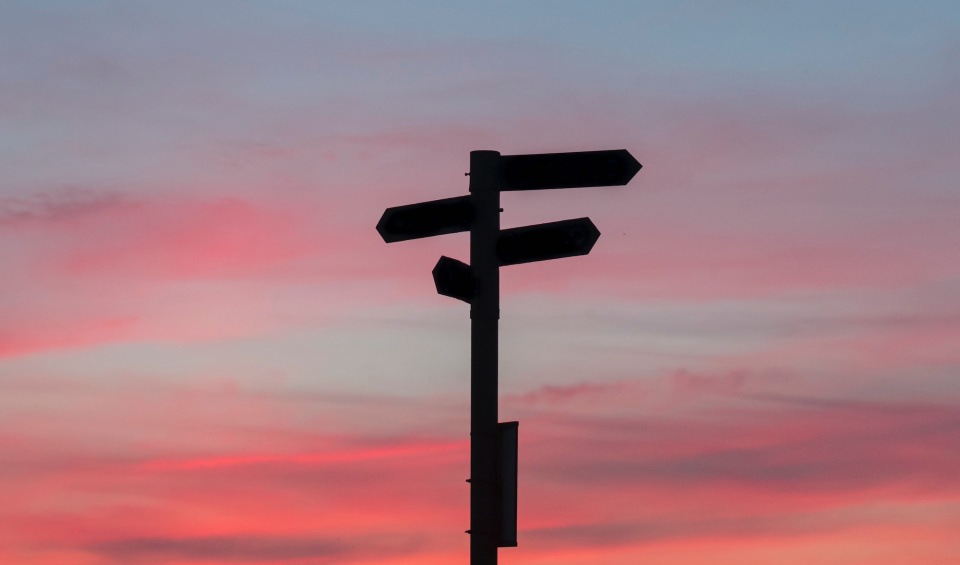 silhouette of street signs against an evening sky