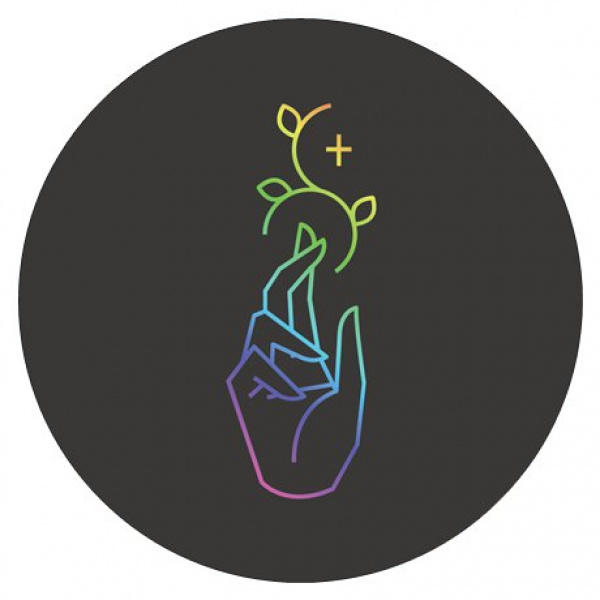 pride sticker preview, black background with rainbow colored logo